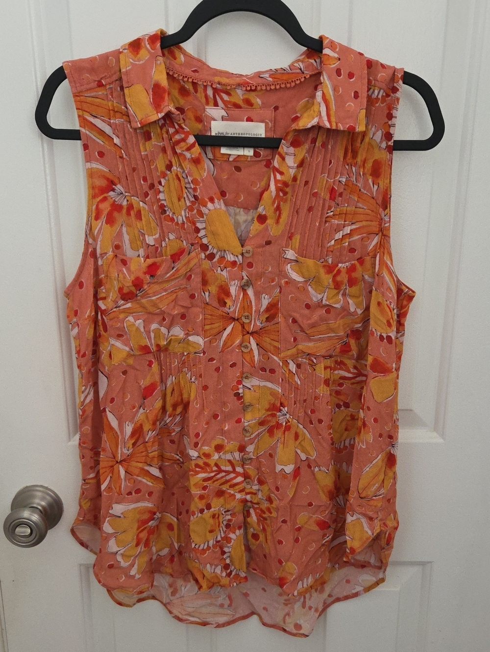 Anthropologie Sleeveless Floral V-Neck Women’s Top in Coral and Yellow